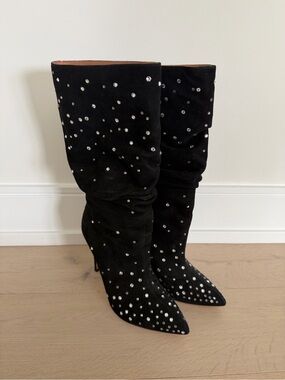Paris Texas Black Studded Suede Knee-High Heeled Boots